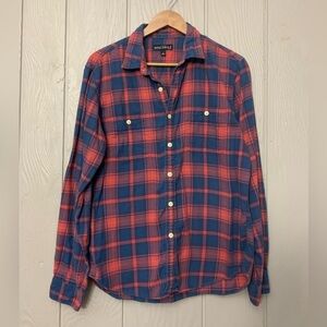 J. Crew flannel blue peachy orange button down cotton fall outdoors | size large